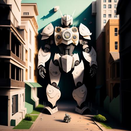 00466-1229121389-a (papercarvingcd, paper) armored robot, standing on street, (solo_1.2), , no humans, high quality, masterpiece, realistic, phot.png